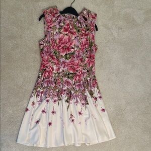 Gabby Skye Floral Dress, Pink/Ivory sleeveless 12/14. Pretty neckline (see pics)
